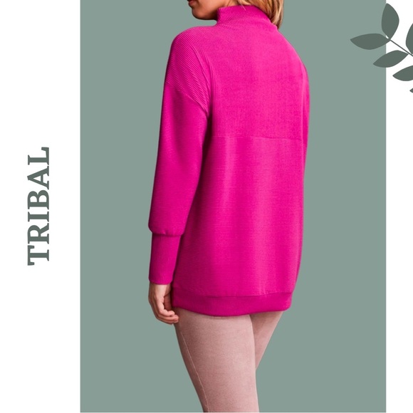 Tribal Pop Over Funnel Neck Long Sleeve Drop Shouler Ribbed Magenta Size Small - Picture 3 of 12